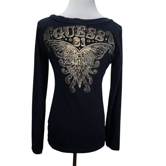 Vintage GUESS 1981 Beaded Gold Logo & Heart Print Black Knit Top Size M T-Shirt - Picture 8 of 11